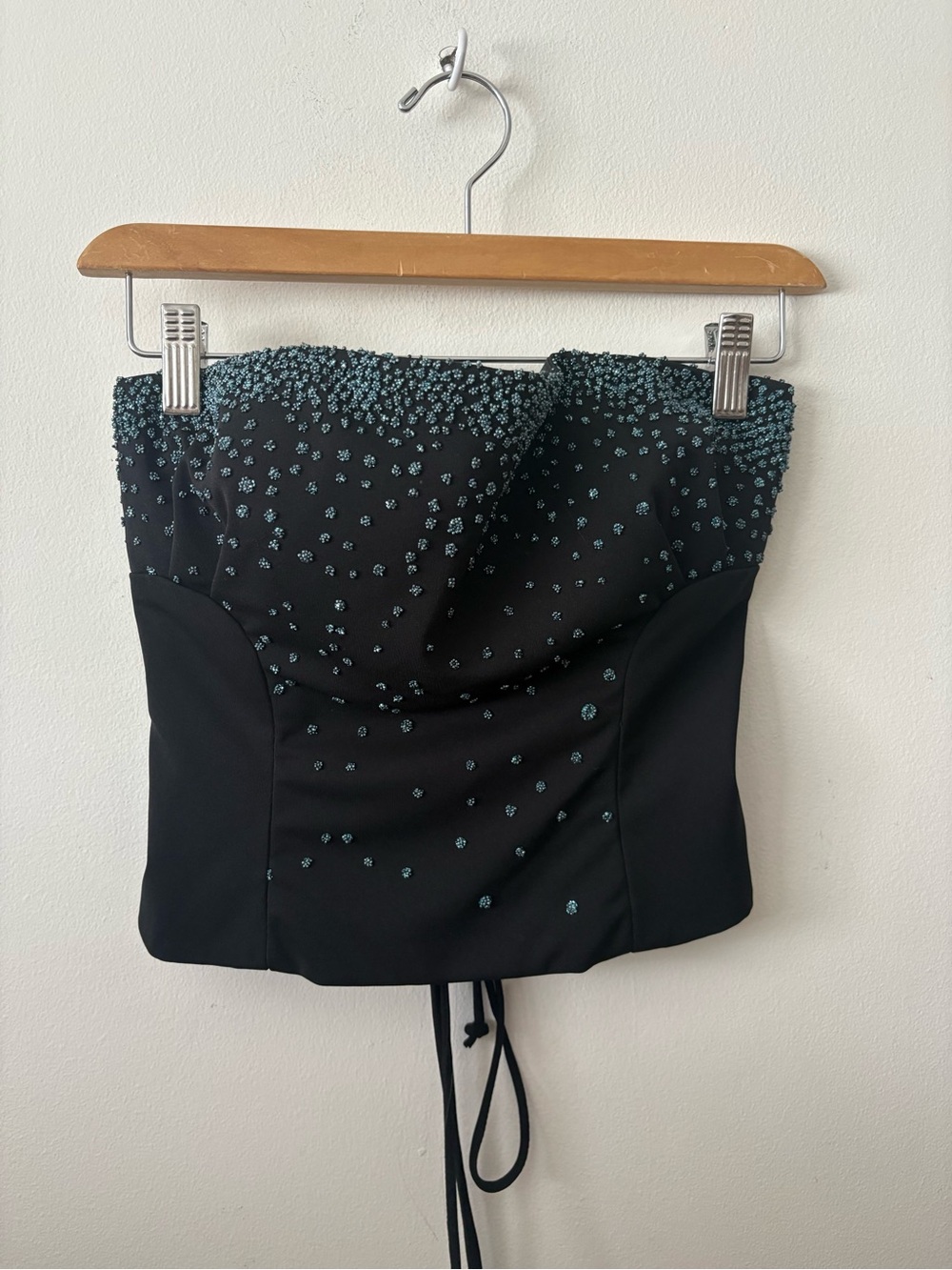 Faviana Black Corset Top with Teal Beaded Accent